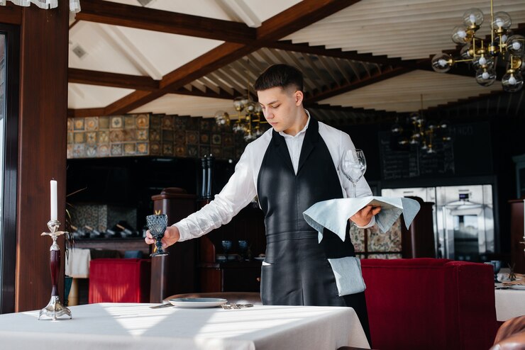 A young male waiter in a stylish uniform is engaged in serving the table in a beautiful gourmet restaurant. Restaurant activity, of the highest level.