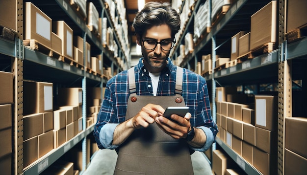 A young male warehouse worker is focused on checking inventory levels using a digital tablet amidst rows of organized shelves
