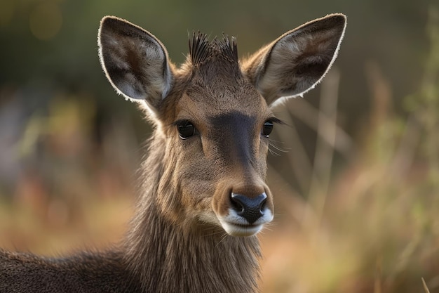 A young male waterbuck turns his head in close up