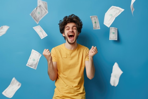 Young male winner celebrates winning lottery and online betting