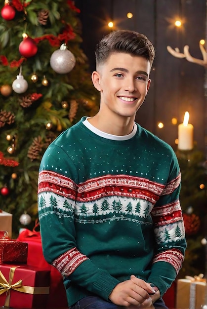 A young male with a Christmas light background generated by AI