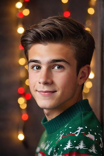 A young male with a Christmas light background generated by AI