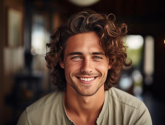 a young male with curly hair smiling and frowning