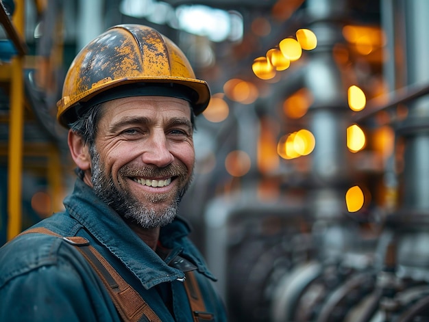 A young male worker in overalls and a hard hat smiles