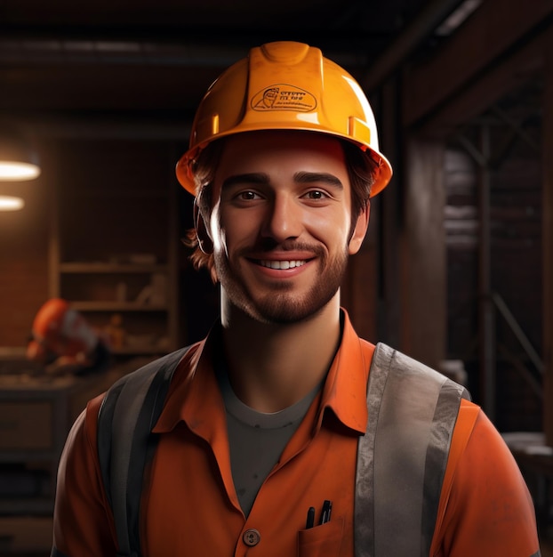 a young male worker smiles in a construction helmet