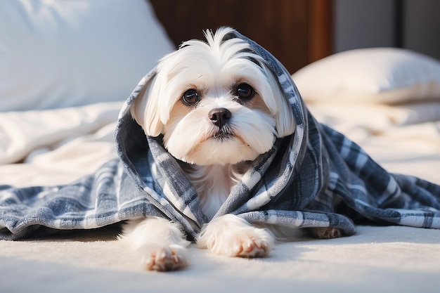 毛布の下の若いマルタ犬 ペットがクレードの下で日光を浴びている