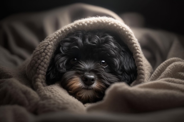 Un giovane cane maltipoo sotto una coperta l'animale domestico si crogiola sotto il plaid generative ai