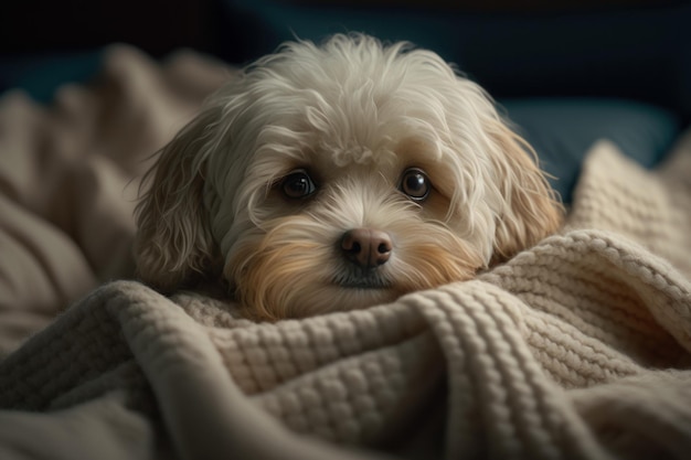 A young Maltipoo dog under a blanket The pet is basking under the plaid Generative AI
