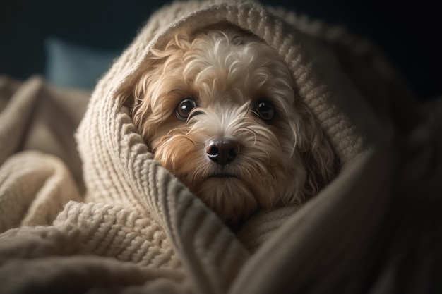 A young Maltipoo dog under a blanket The pet is basking under the plaid Generative AI