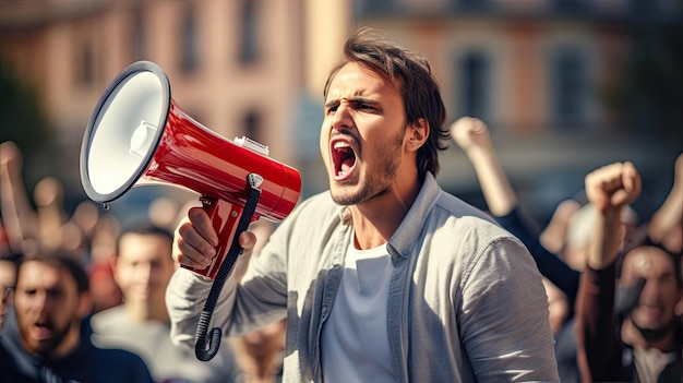 Young man activist angry shouting for his cause among people demonstration