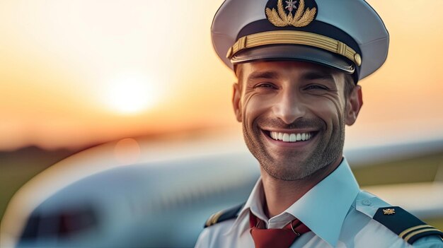 A young man airline worker touching captain hat and smiling while standing in airfield with airplane