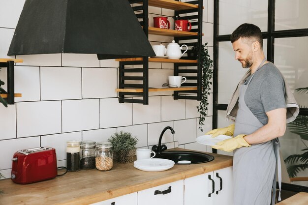 young man in apron and gloves does household chores washes dishes with towel on his shoulder men housework household help in stylish kitchen in modern apartment