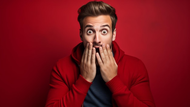 Young man in Astonishment on Red Background