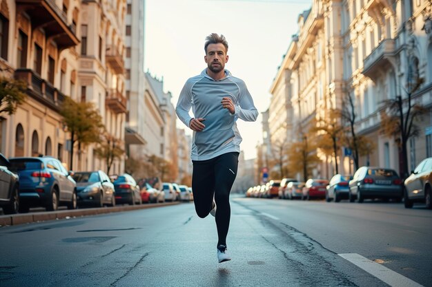 Young man athlete jogging in the city doing cardio outdoor