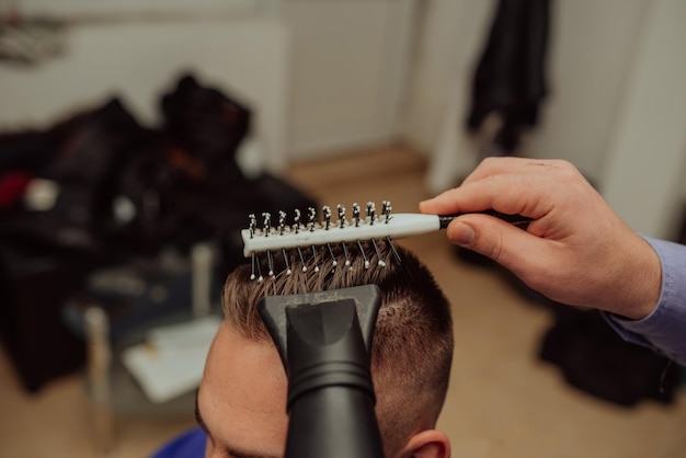 Young Man in Barbershop Hair Care Service Concept Selective focus High quality photo