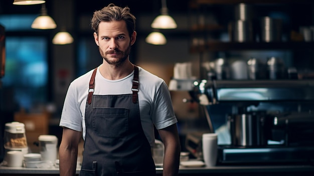 A young man barista standing in a cafe