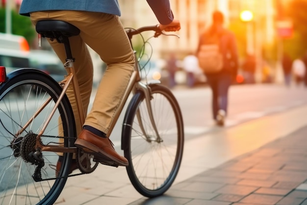 young man on a bicycle traveling on a city road Generative AI