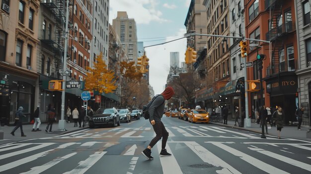 A young man in a black hoodie and red pants crosses a busy city street in the rain The city is full of tall buildings cars and people