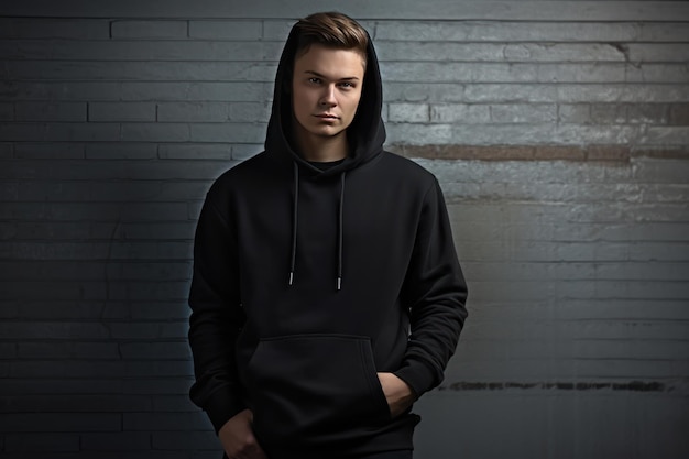 A young man in a black hoodie stands in front of a brick wall.