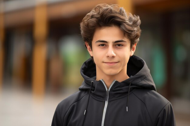 Photo a young man in a black jacket and a black hoodie