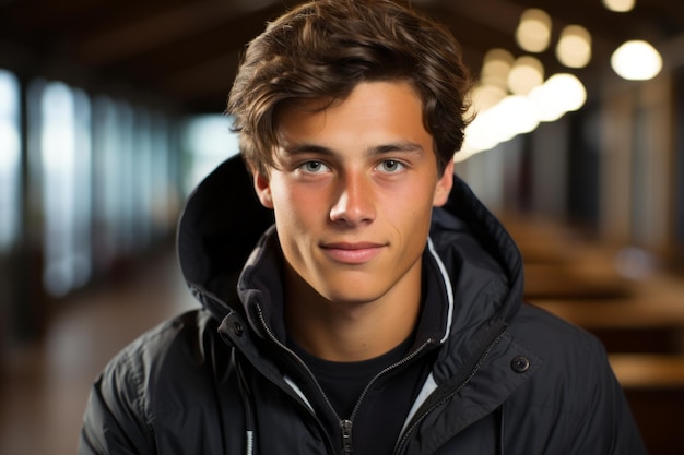 a young man in a black jacket and hoodie