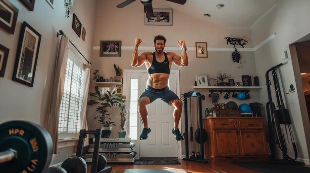 A young man in a black sports bra and gray shorts is jumping in the air in a home gym He has his arms raised and is looking up