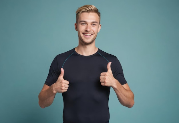 Молодой человек в черной футболке поднимает два больших пальца с веселым выражением лица и двойным жестом выражает