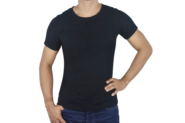 Young man in blank black tshirt front isolated on white space mock up template for design print