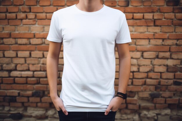 A young man in a blank white tshirt standing against a brick background a man Tshirt mockup