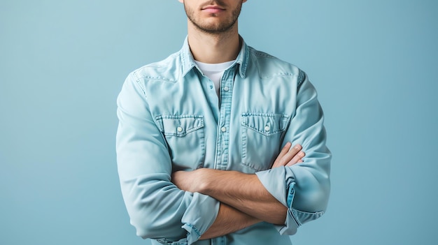 a young man in a blue denim shirt is standing with his arms crossed he is looking at the camera with a confident expression
