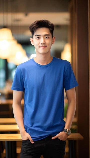a young man in a blue shirt stands in front of a mirror.