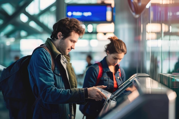 Young man on board scanning with ticket in airport