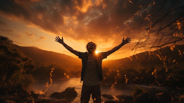 young man in a boat on the river at sunset