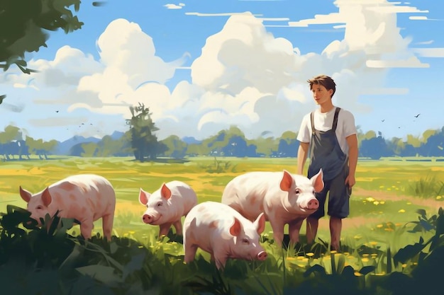 젊은 남자 또는 소년 농부는 돼지에게 먹이를 주고 돼지 새끼를 돌보는 남자 농부는 에 서 있습니다.