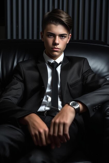 革のソファに座っているビジネススーツを着た若い男性ジェネレーティブAI