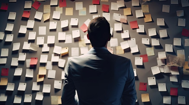 Photo a young man in a business suit stands with his back to a wall hung with colorful stickers with uncompleted tasks