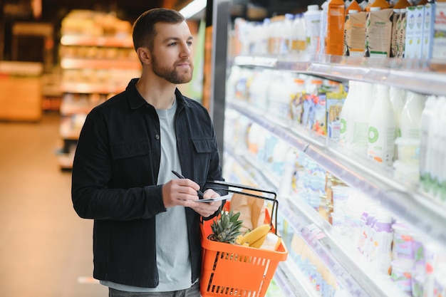 Молодой человек покупает продукты в супермаркете Другие покупатели на заднем плане Концепция потребительства