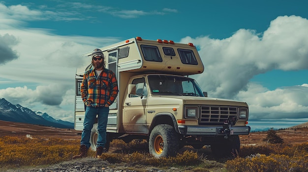 A young man next to an camper truck