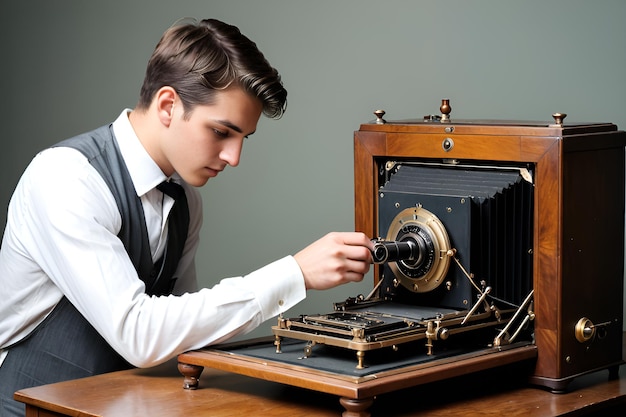 A Young Man Carefully Inspecting and Maintaining an Antique Photographic Device