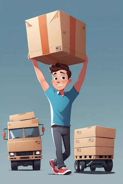 Young Man Carrying Big Box Over Head Guy Loader Going with Cardboard in Hands Person Holding Packed Carton Parcel Package for Moving Flat Vector