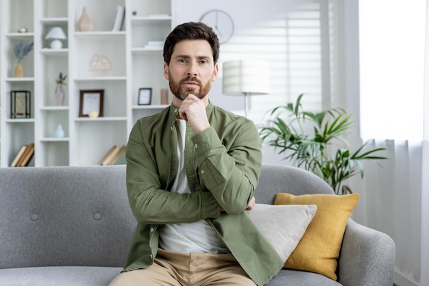 Young man in casual attire sits on a couch in a modern living room deep in thought shelves and