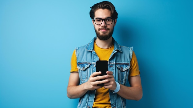 A young man in casual attire wearing a denim vest and holding a blank screen mobile phone seen from above against a plain blue background