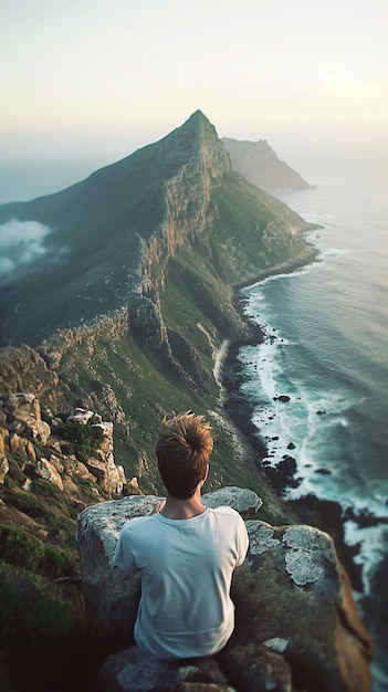 Young man casual white tee sits rock high vantage point rugged coastline ocean