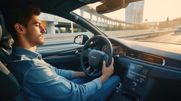 Young man casually sits in selfdriving car cruising down a busy city highway