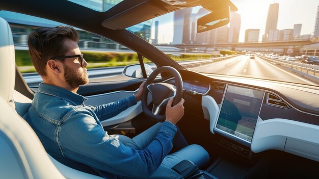 Photo young man casually sits in selfdriving car cruising down a busy city highway