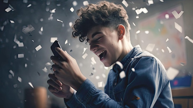 A young man celebrating a lottery victory or prize with a phone in his hand screaming with joy