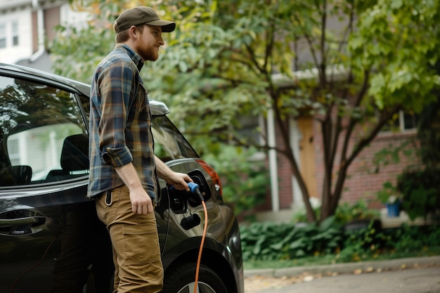 Young man charging electric car