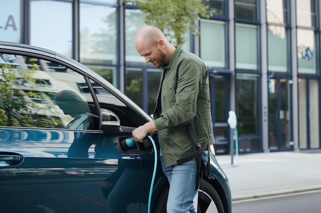 Young man charging electric car