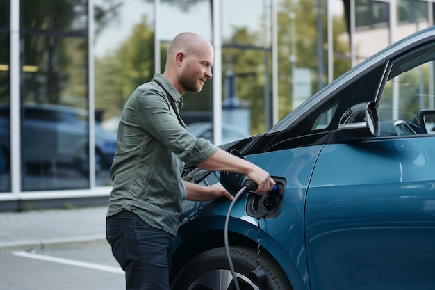 Photo young man charging electric car