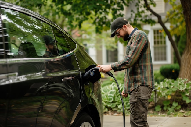 Young man charging electric car